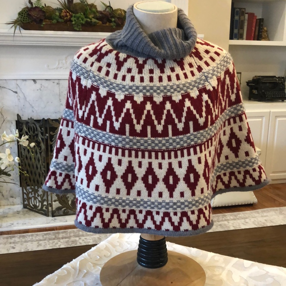 Burgundy/crème/grey sweater/shawl with turtle neck; never been worn!